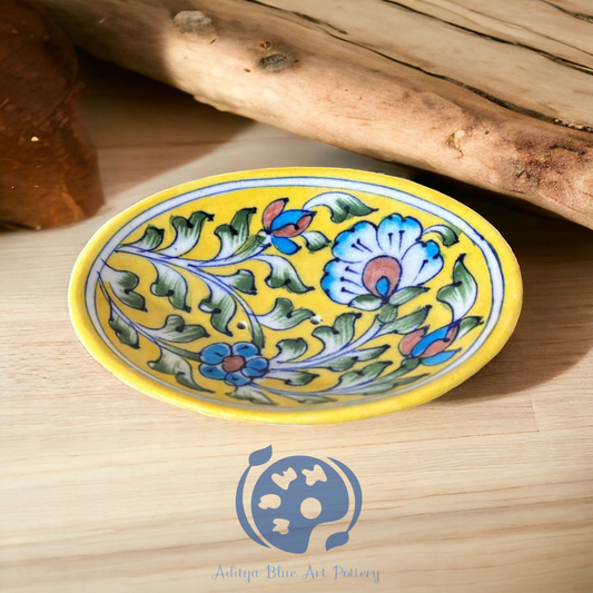 Blue Pottery Yellow Soap Dish